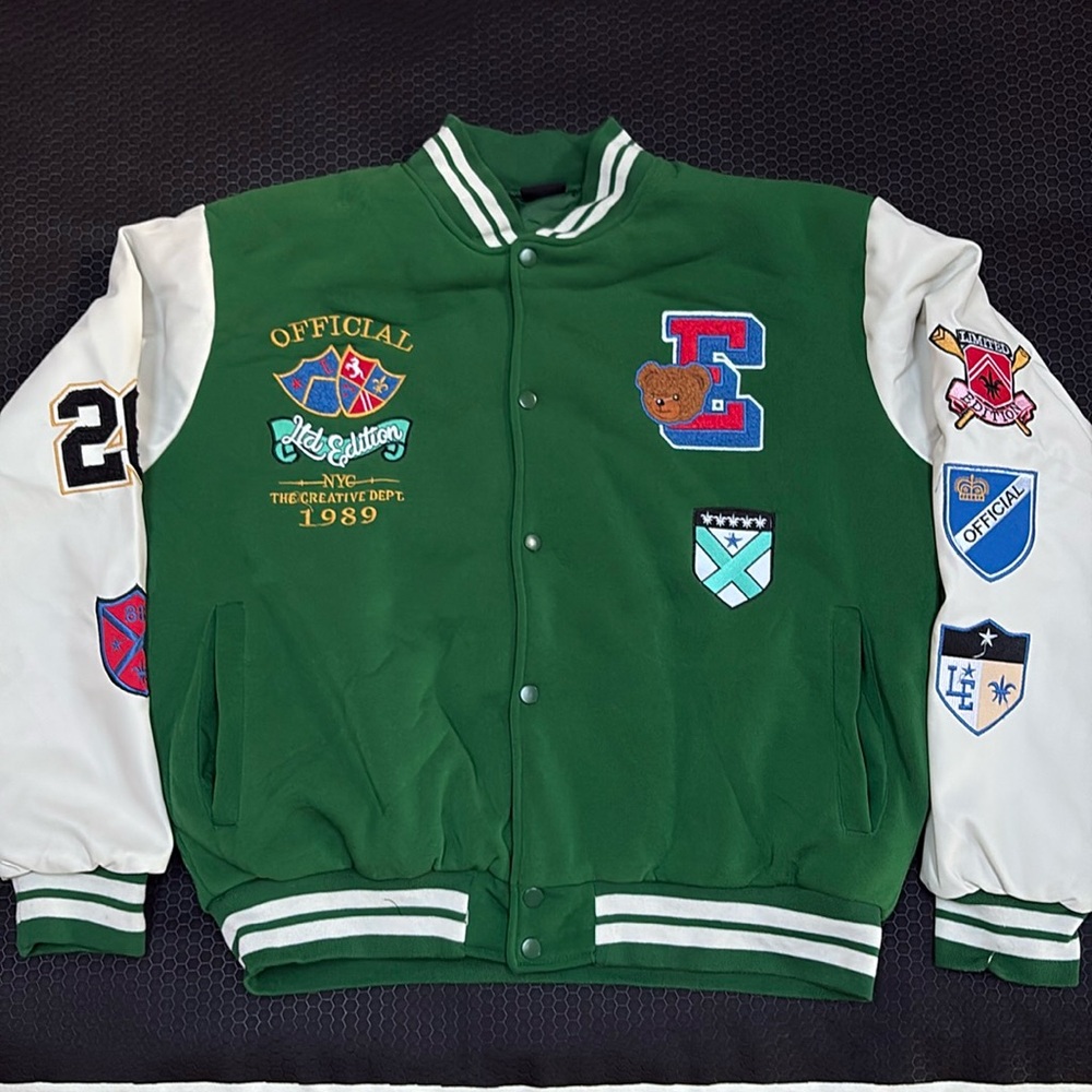 Varsity Jacket with Teddy Bear and other graphics - Embroidery/ Emblems/ Patches